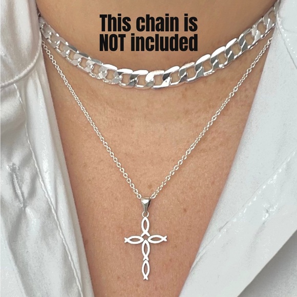 Fish Cross Necklace, Faith Religious Christian Jewelry, S925 Silver, - Picture 3 of 6